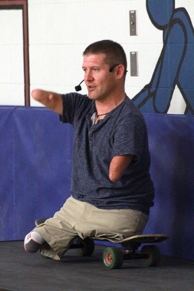 Chris Koch spoke to Eleanor Hall School students about overcoming adversity May 17.