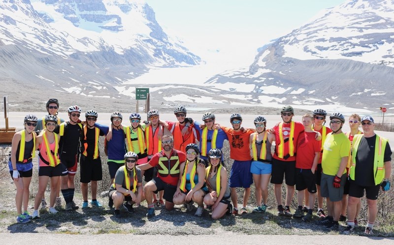 Sixteen R.F. Staples students along with eight chaperons pose during the May 27-30 290-kilometre trek from Jasper to Banff. This was the 25th year for the ride and last for