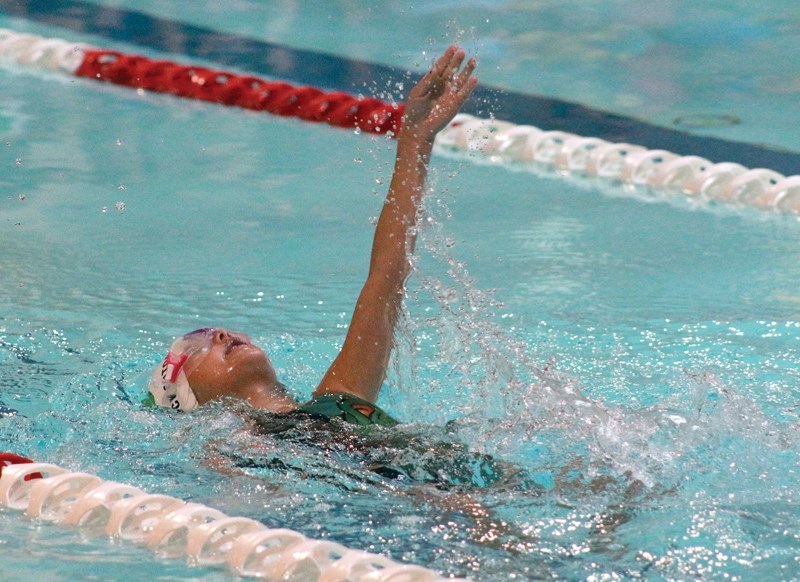 Nika Wepener swims to the podium in the girls 6 and under 25-metre backstroke during the Fred Morie Invitational Swim Meet at Westlock Aquatic Centre June 3. The meet was the 