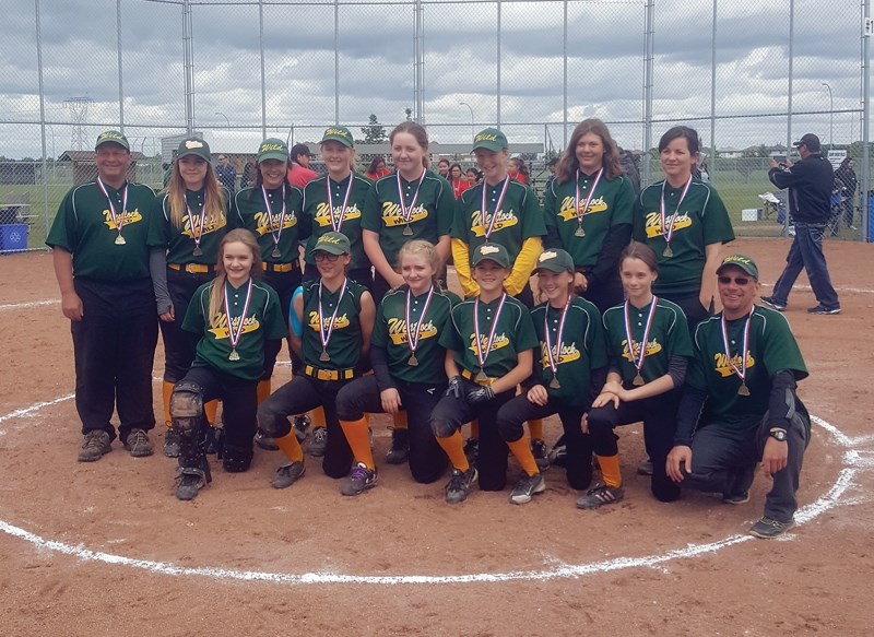 Westlock U14 Wild include, back row, L-R: Dan Shank, Mackenzie Shank, Meadow MacDonald, Signy Montgomery, Mackenzie Fauque, Heidi Hup-pertz, Lanaya Wade and Delia Carlson.