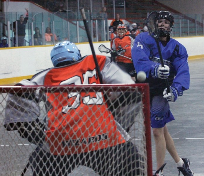 Westlock Midget Rock Blair Boulerice takes aim at the Edmonton Wizards net during a 13-3 win in Edmonton June 22. Boulerice was one of a trio of Rock players to score a hat