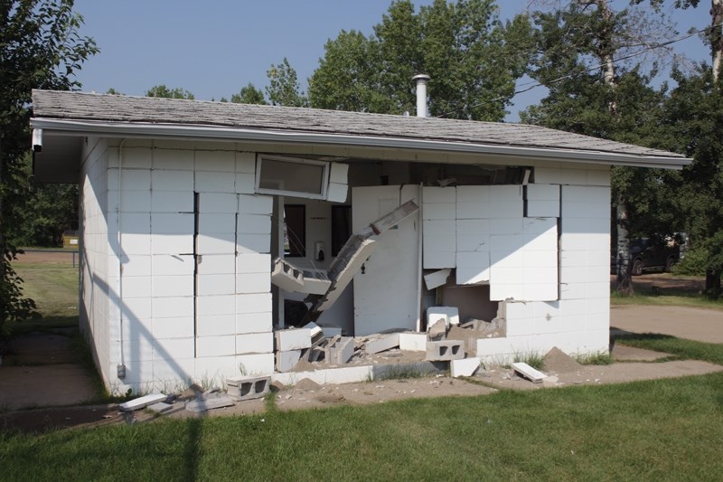 The Mountie Park washrooms were destroyed by an unknown vehicle in the early morning hours of July 14.