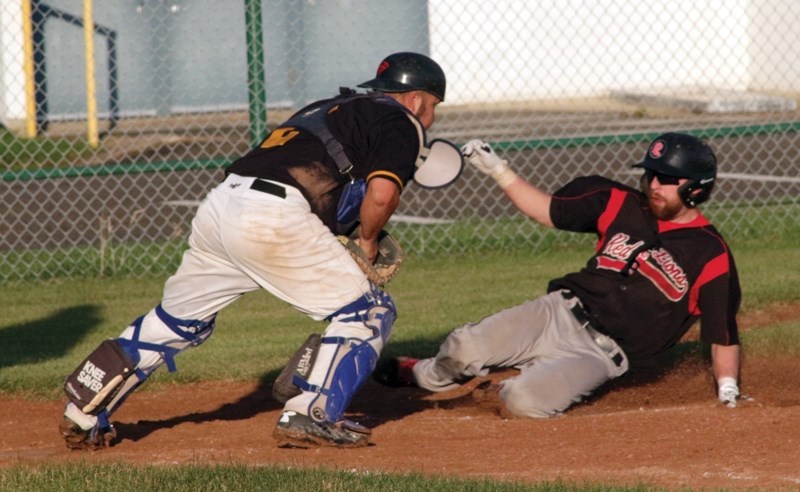 Red Lion Jordan Brand slides into home plate during a 13-2 blowout against the Edmonton Primeaus at Keller Field July 13.