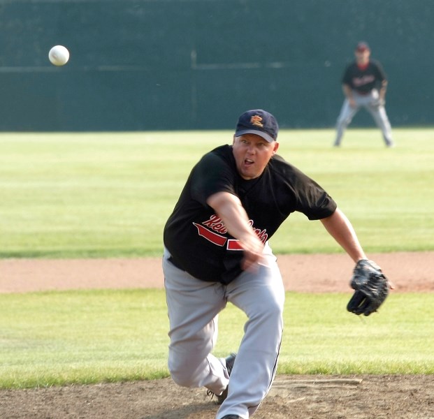 Grey Lion Carmen Brown brings the heat July 19 during a 6-0 shutout win over the Spruce Grove Eagles at Keller Field. In Game 2 of the double-header the Lions rolled to a