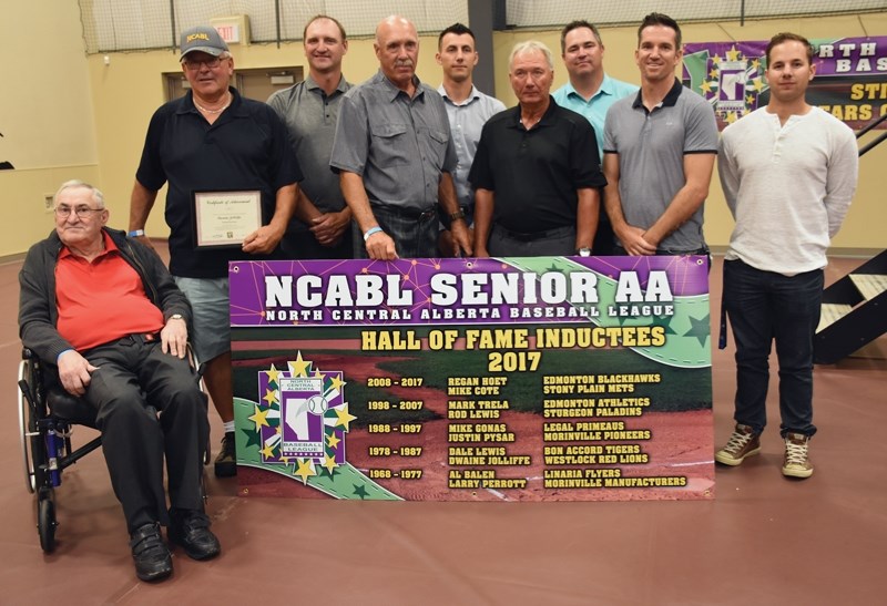 The NCABL Hall of Fame inductees from the last 50 years gather at the meet and greet on Friday, Aug. 18. From left to right are Al Balen, Dwaine Jolliffe, Rod Lewis, Dale