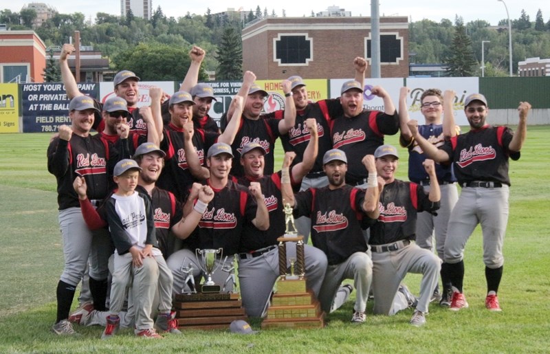 The Westlock Red Lions claimed their 18th NCABL title Aug. 26 with a two-game sweep of the Sherwood Park Athletics at the RE/MAX Field in Edmonton. ABOVE: Back row, L-R: