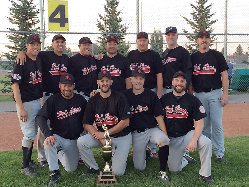 Following their 15-5 win over the Spruce Grove Eagles Aug. 22, the Westlock Grey Lions gathered for a photo with the AWCBA trophy. Back row, L-R: Ryan Rau, Rick Sereda, Brad