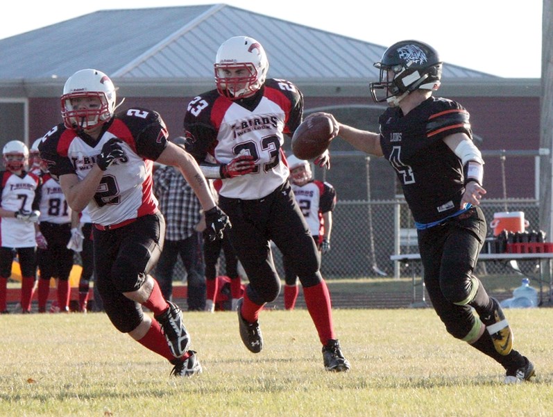 Thunderbirds Devon Lemke and Logan Woods try to track down St. Paul Lion Parker Lumby during a 38-0 loss in St. Paul Oct. 5.