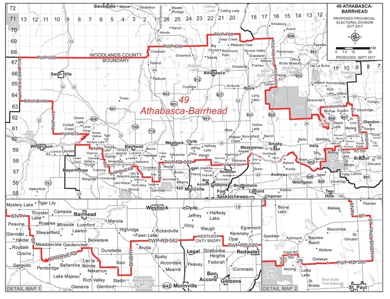 The proposed Athabasca-Barrhead riding stretches as far west as Swan Hills and as far east as Mallaig. It would be a replacement for both Barrhead-Morinville-Westlock and