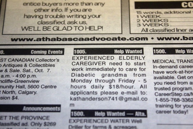 A Westlock area resident responded to this advertisement in the Town &#038; Country and was then sent a $2,000 cheque to purchase a wheelchair for the grandmother in