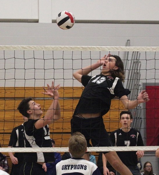 The R.F. Staples School JV boys volleyball team claimed the zone championship at home Nov. 4, defeating Morinville in the final. T-Bird Max Benham prepares to spike a pass