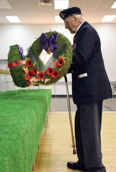 Veteran Tom McConaghy, who served in the Service Corp. in the Second World War, places a wreath on behalf of Canadian Forces at the Westlock and District Community Hall Nov.