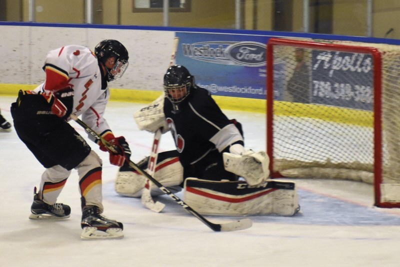 Westlock Warrior Braydie Teszeri takes aim on a penalty shot against the Battle River Knights. Teszeri missed but that didn’t hurt the Warriors who finished off the Knights