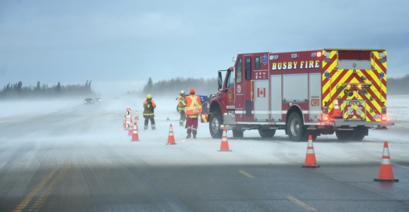 Blowing snow and icy roads created poor driving conditions that resulted a two-vehicle collision on Highway 2 near Township Road 582 around 1 p.m. Nov. 27. The high winds