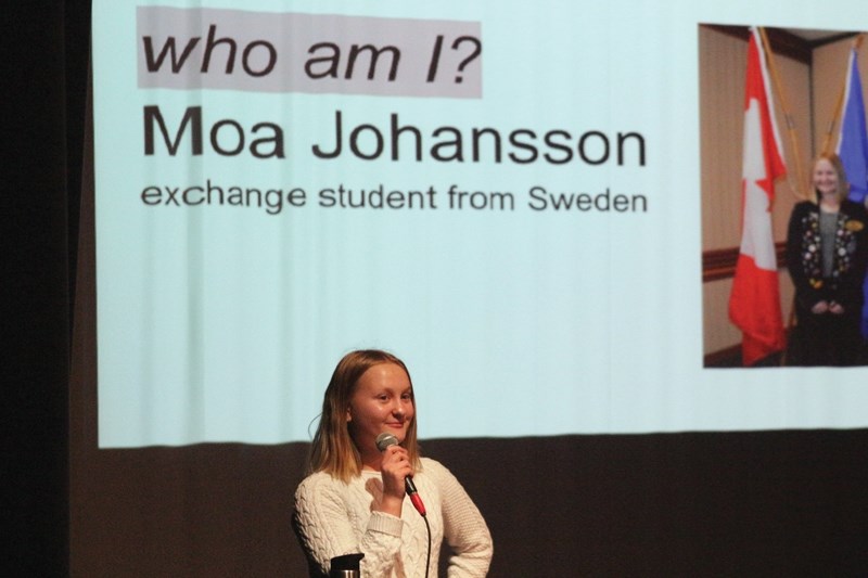 Rotary Youth Exchange student Moa Johansson, who hails from Sweden, pauses during a presentation at the Cultural Arts Theatre on Dec. 15 as part of the &#8220;R.F. Staples