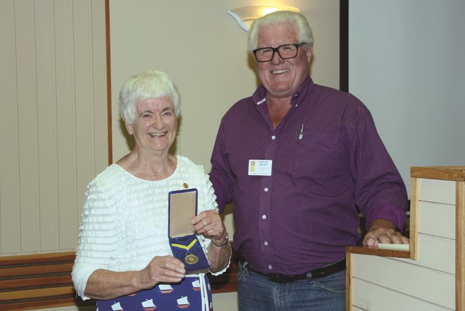  Sister Eileen with her Paul Harris Award ($1,000 U.S.) made to the Rotary Foundation in her honour by the Westlock Rotary Club by president-elect Dwight Brown.
