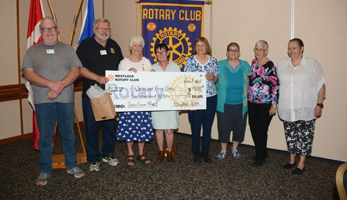  The Westlock Rotary Club donated $4,000 to the food bank in Sister Eileen’s name Aug. 2. L-R: Don Scott, club president Ken Ebeling, Sister Eileen, Helen Renaud, Hertha Hauck, food bank president Sharon Kennedy, Edna Kieser and Connie Kieser.