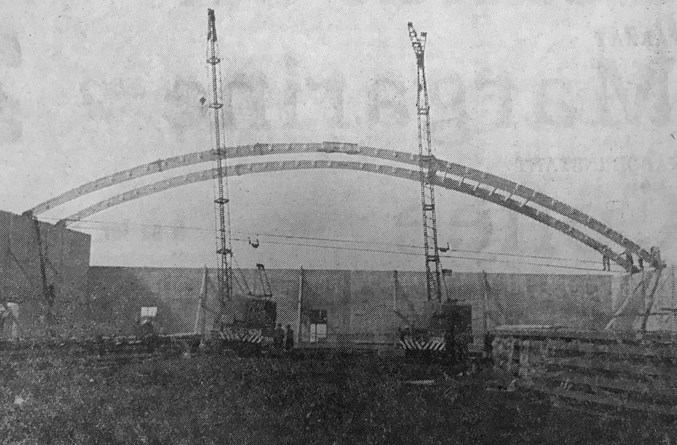  Crews install two of the 10 arches that supported the roof during construction in April 1963. Made in New Westminster, B.C. the arches each weigh four tons and cost $1,225 each to install.