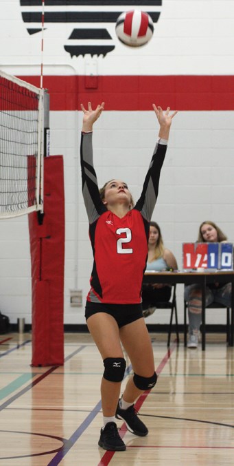  R.F. Staples T-Bird Camryn Wiegand sets up the ball for a teammate during the senior girls game against Edwin Parr Composite.