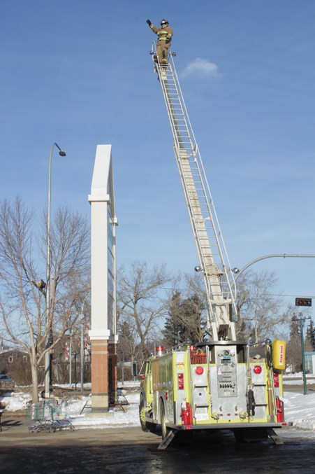  Lt. Brian Hegedus of the Westlock Fire Department will once again climb the 50-foot fire truck ladder Dec. 22 as part of this year’s Firefighter in the Sky donation drive. Firefighters will be collecting food, cash and clothing donations in the Sobeys and Independent parking lots, every Wednesday and Sunday for the next month starting Nov. 24.