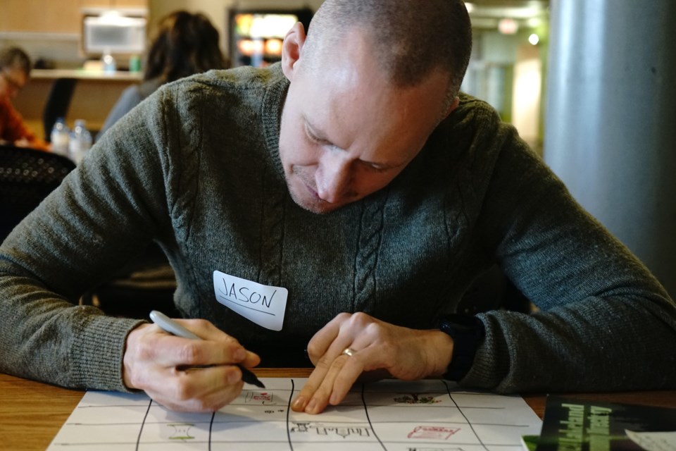 Designer Jason Ponto focuses intently on a drawing exercise intended to get participants thinking outside of the box. Members were asked to draw different iterations of apples, resulting in drawings of New York City, an armoured fruit with crab arms, and a depiction of all too familiar ‘road apples.’ 