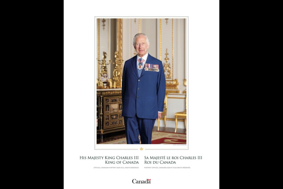 The official Canadian King Charles III portrait, taken in the White Drawing Room of Buckingham Palace.