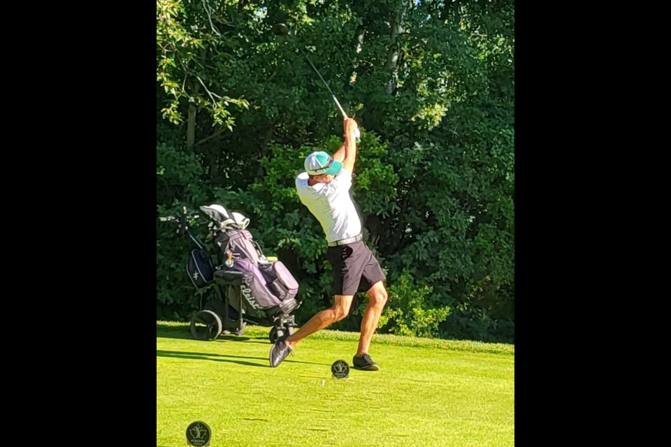 Nick Pothier Priddis tees off at Barrhead Golf, which hosted the 2024 Men's Mid AM Golf Championship from July 16 to July 18.