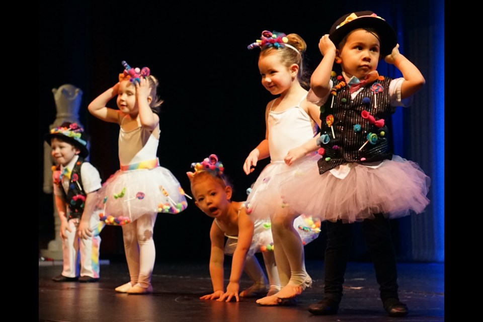 L-R, Remington Hodge, Quinn Wentzell, Emilia Brown, Zoey Edwards, and Aryan Stafford stole the audience's hearts performing as "Bon Bons" during the Dec. 10 showing of The Nutcracker, a dance recital put on by Athabasca Dance Society.