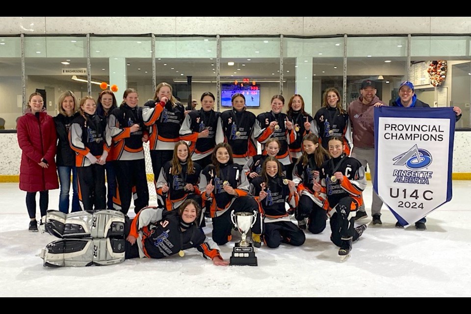 The U14C Pembina Pursuit are provincial champions after winning the gold medal with an 8-5 victory over the Strathmore Ice at the provincial championships on March 17.  The provincial tournament was held March 15-17 in Riviere Qui Barre and Calahoo.  