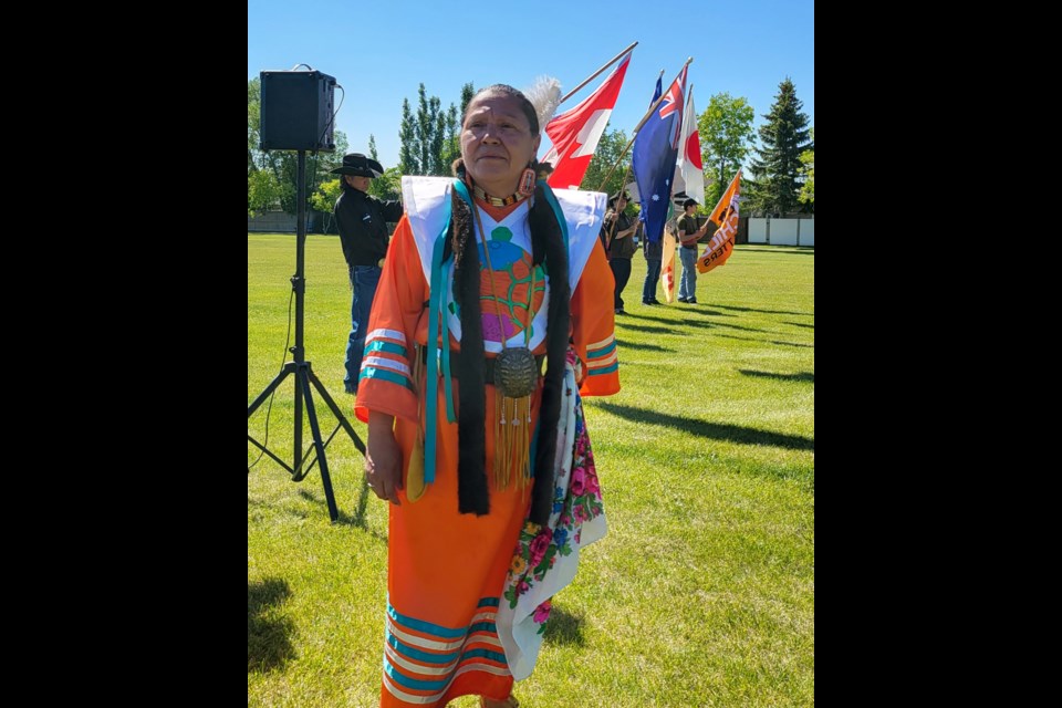 Robin Berard, Parade and ceremony leader, prepares the groups for the opening ceremony of Barrhead Indigenous Day. "The ceremony is the honour of the Indigenous people from what they have come from and where we are today," commented Berard.