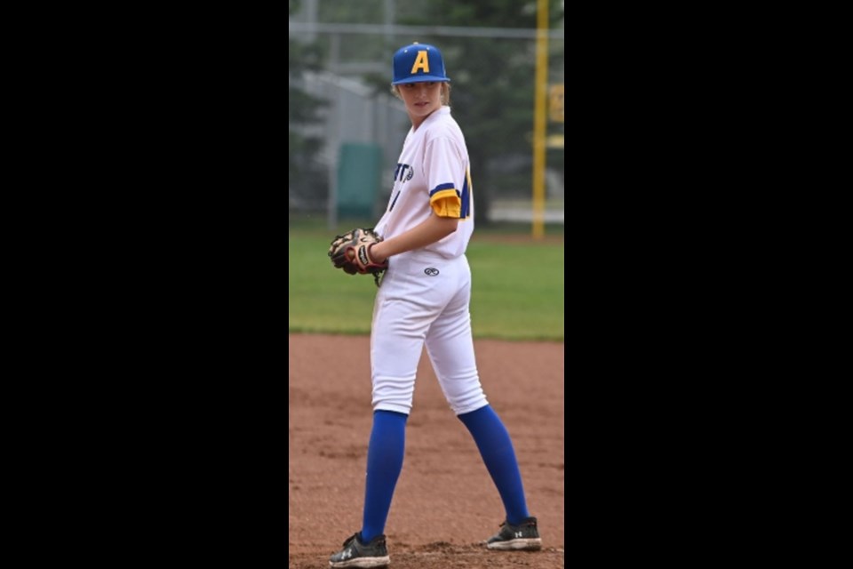 Mia Schuurman pitching for Team Alberta at the 2024 Western Girl's U14 Championship