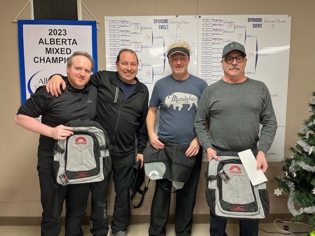 Team Guidinger from Spruce Grove were the winners of the A event, sponsored by Westlock Ford, L-R: Andrew Schilie, Jamie Gibert, Chad Lemey, and skip Randy Guidinger. 