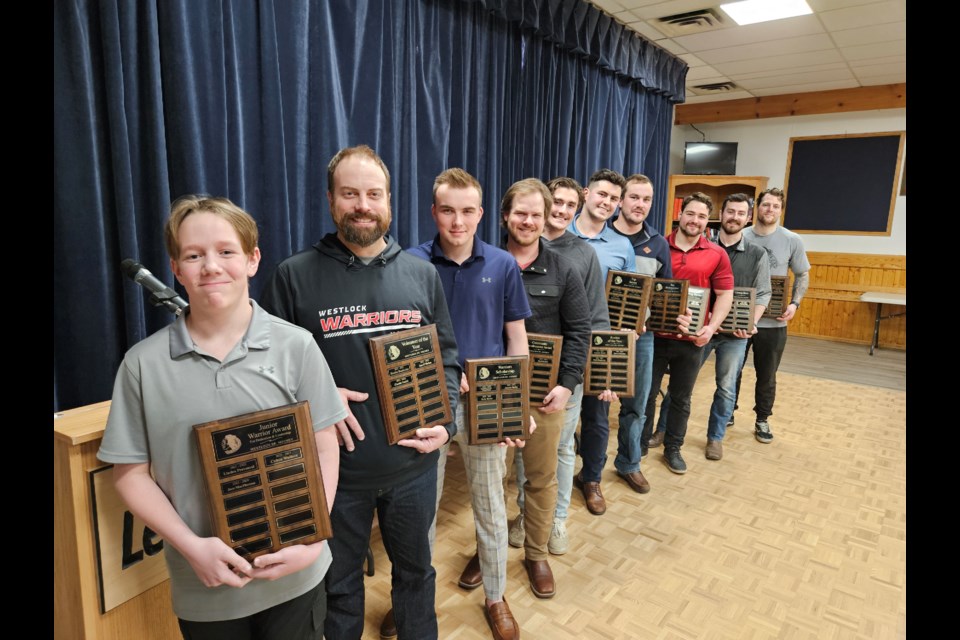 The Westlock Warriors senior AA men's hockey team, who wrapped up their 10th season in February, handed out the hardware and honoured their top players and community volunteers during their annual awards banquet, April 13 at the Westlock Royal Canadian Legion.   