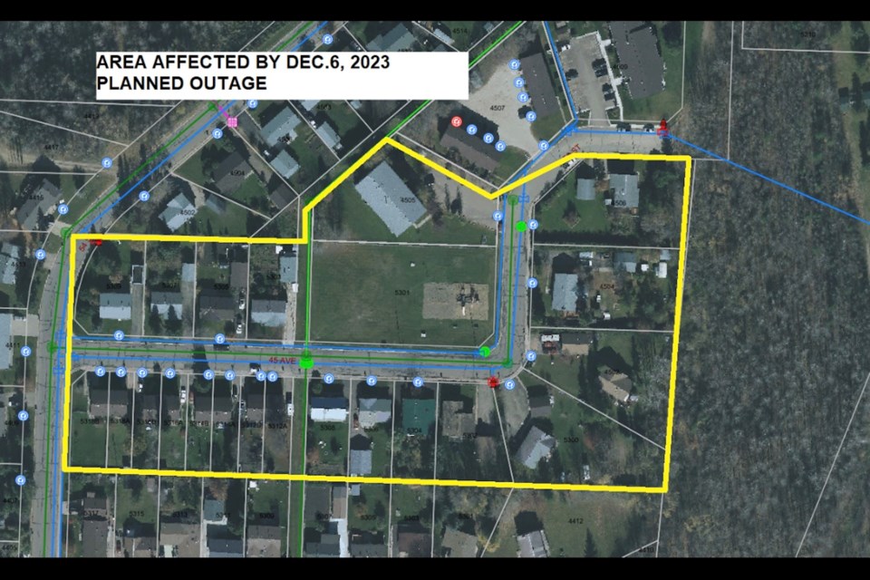 A map of the area of 45 Ave and 53 Street which will be affected by the scheduled single-day water line maintenance Dec. 6. The town is encouraging residents to avoid travel in the area and flush faucets after service is restored. 
