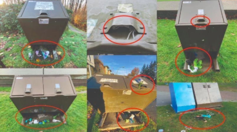 a-collection-of-photos-of-dog-waste-bags-next-to-port-coquitlam-trash-bins