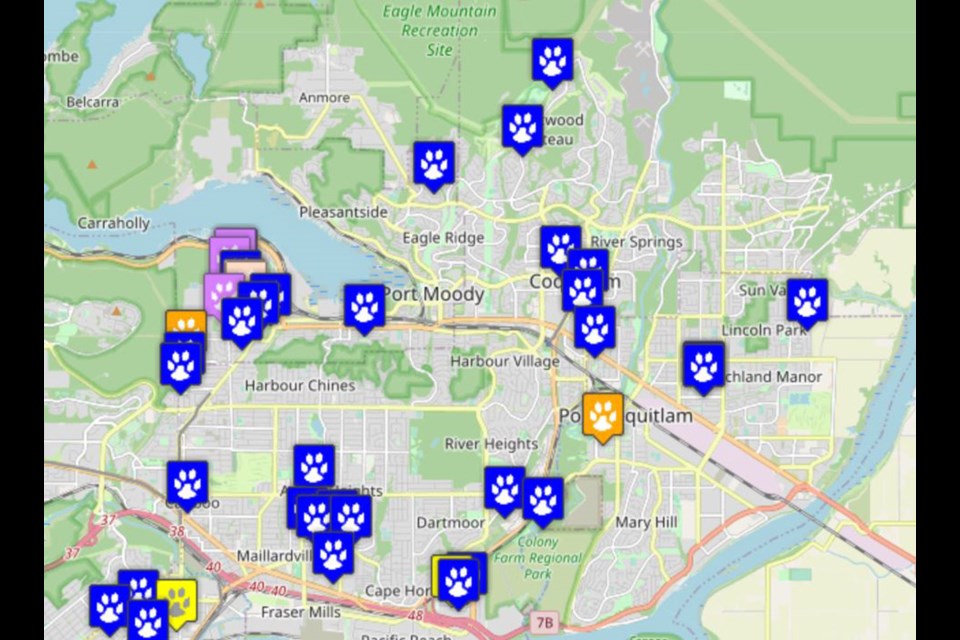 This map shows coyote sightings and encounters reported to the Stanley Park Ecology Society in the Tri-Cities from all of 2022.