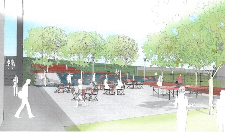 An artist's rendering of the proposed plaza next to the Maillardville Community Centre in Coquitlam.