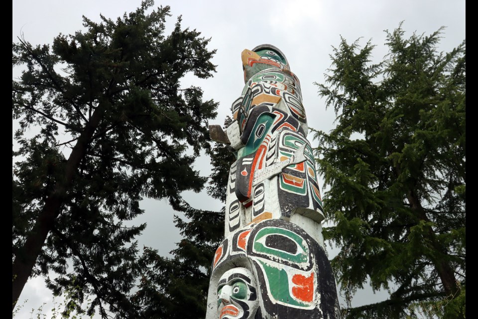 The Centennial totem, next to Dogwood Pavillion in Coquitlam, has seen better days. The city is talking about what to do with the monument with the carvers' families and an Indigenous consultant.
