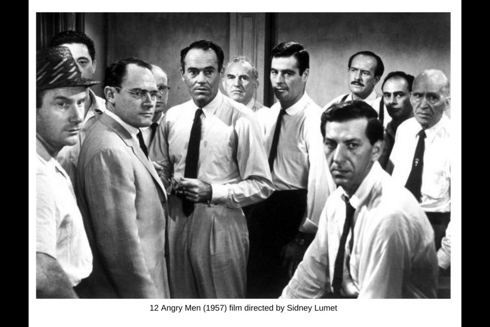 A still from the Sidney Lumet movie from 1957 of "Twelve Angry Men."