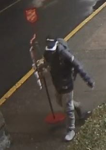 Do you know this man? He stole a Salvation Army kettle stand from Coquitlam Centre mall on Dec. 3, 2023, police say.