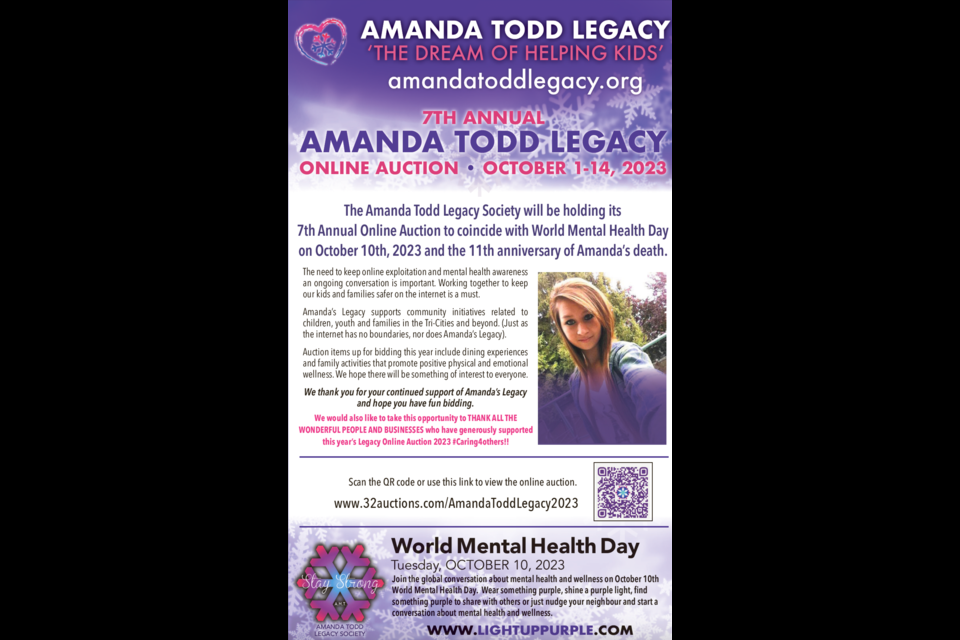 A poster to promote the seventh annual Amanda Todd Legacy Society fundraiser. The online auction starts Oct. 1, 2023.
