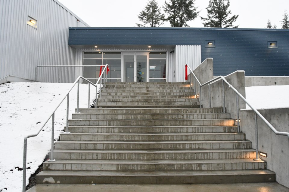 The steps of the Anmore Community Hub, leading to the second floor.