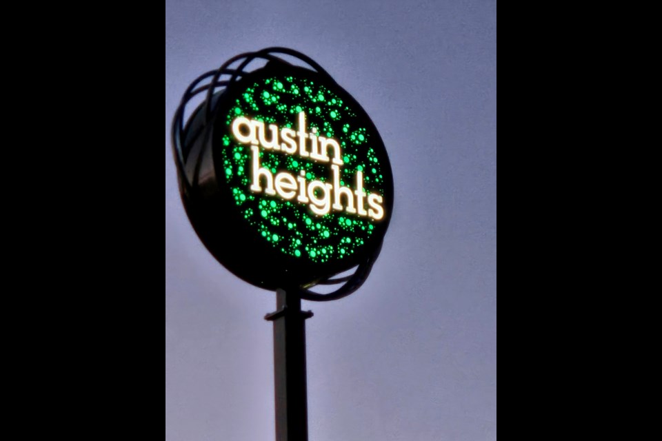 One of the new gateway signs in Austin Heights, Coquitlam.