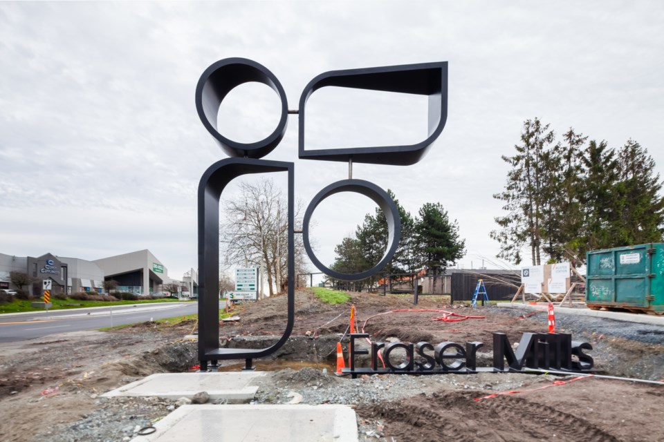 The 'F' sign at Fraser Mills went up on Dec. 14, 2023.