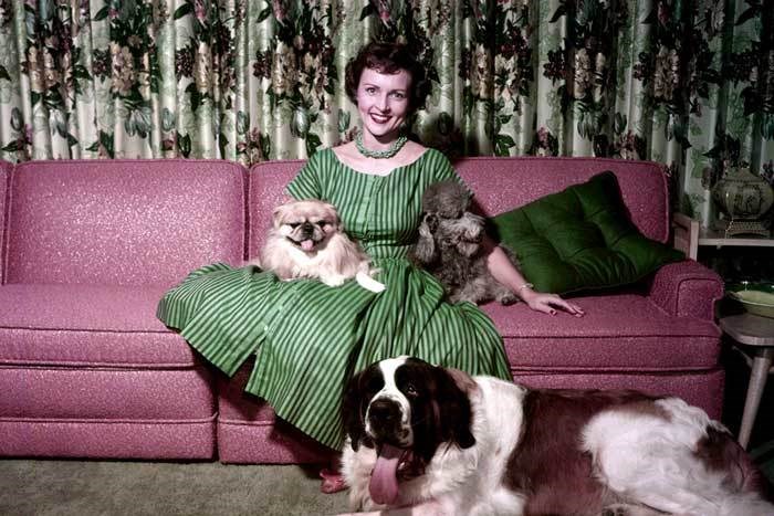 Betty White at home with her dogs Bandy, Stormy, and Danny in 1954. 