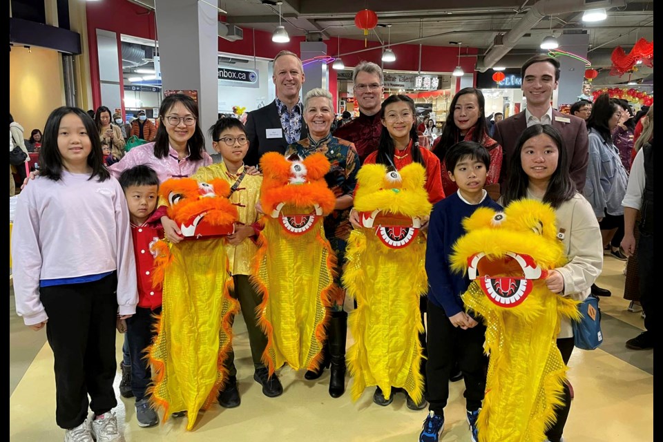 Tri-City VIPs, including (left to right) Port Moody–Coquitlam MLA Rick Glumac, Port Moody–Coquitlam MP Bonita Zarrillo, Coquitlam–Burke Mountain MLA Fin Donnelly and Coquitlam Coun. Matt Djonlic, were at Henderson Place mall on Saturday, Feb. 10, 2024, for the Lunar New Year kick-off.