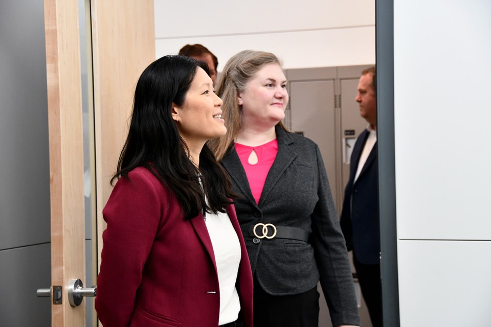 Bowinn Ma, B.C.'s Minister of Infrastructure, tours Scott Creek Middle School in Coquitlam on Feb. 4, 2025, with Coquitlam-Maillardville MLA Jennifer Blatherwick. 