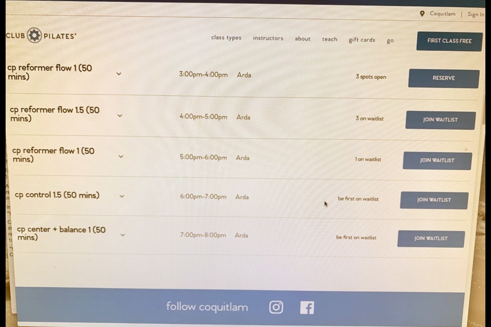 A screen capture of the fitness classes available for registration on Jan. 10, 2022.