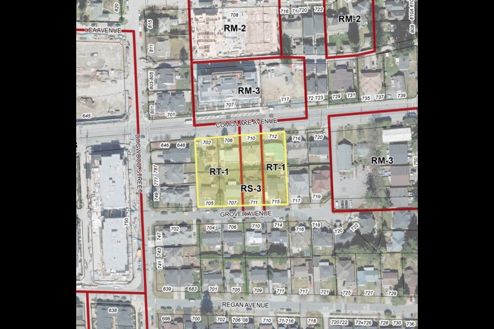 An artist's rendering for a Marcon's proposal for a 165-unit apartment block at 702, 706, 710 and 712 Como Lake Ave. and 705, 707, 711 and 715 Grover Ave., Coquitlam.