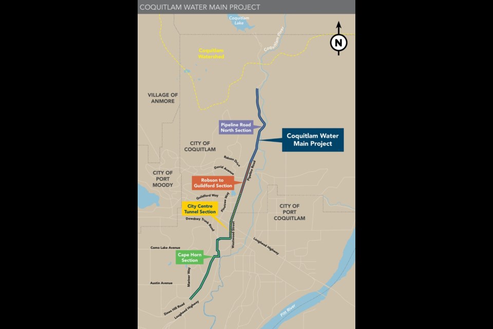 A map of the Metro Vancouver water main dig, due to start in 2022 in Coquitlam.